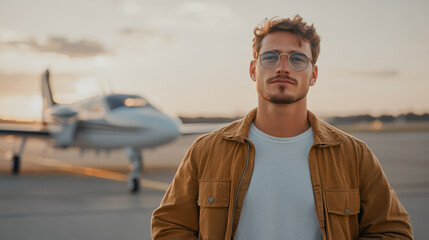 A stylish man stands confidently at an airport runway during sunset, exuding an air of sophistication with a private jet in the background, capturing the essence of luxury travel