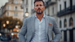 © VactorBot - This striking image captures a well-dressed man in a stylish suit, exuding confidence and sophistication against a vibrant urban backdrop