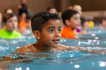 Children in the pool, learning new tricks, flipping and spinning practice somersaults, flips, and spins in the shallow end