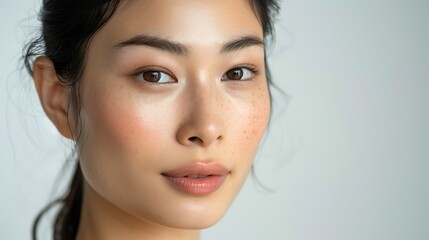 Wall Mural - A close-up portrait of a young woman with natural makeup and freckles, showcasing her serene expression.