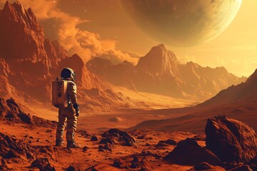 Wall Mural - Astronaut exploring a vast and desolate alien planet, with towering mountain ranges and a large, glowing planet in the background