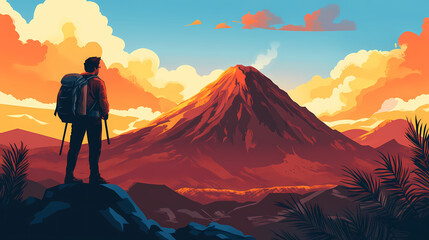 Unrecognizable traveler admiring volcano landscape. Volcanic Landscape. Illustration