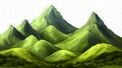 Vegetated green moutain isolated on transparent background. peaks with vegetation, forest and jungle. realistic mountain environment. Rolling Hills. Illustration