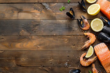 Wall Mural - A delectable spread of fresh seafood, featuring succulent shrimp, salmon fillets, and plump mussels.