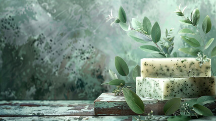 Wall Mural - Natural handmade soap with fresh herbs displayed on a rustic wooden surface