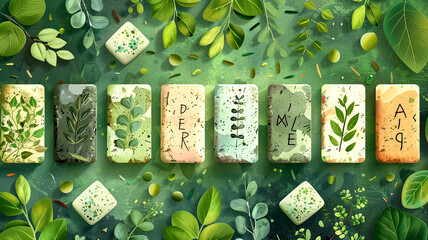 Handmade soap bars adorned with botanical designs on a vibrant leafy backdrop