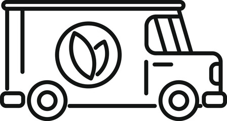 Poster - simple black and white icon of a delivery truck with a leaf logo, representing eco friendly transpor
