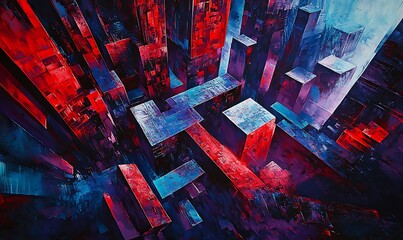 Wall Mural - Abstract Cityscape with Red and Blue Geometric Shapes