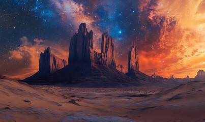 Starry Sky Over Tall Rock Formations in a Desert Landscape