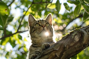 A cat calmly perched on a tree branch, bathed in soft sunlight with green leaves and a bokeh background creating a serene atmosphere.