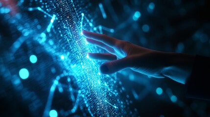 Aufkleber - Hand reaching for glowing blue data points representing coding, AI, and futuristic technology.