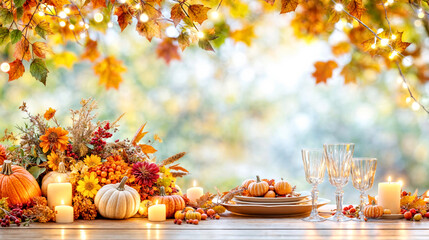 Poster - Autumn Harvest Table Setting with Pumpkins and Flowers Under Twinkling Lights.Home decor for fall holidays