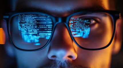 Aufkleber - Close-up of code reflected on glasses, focused programmer looking at digital code on screen. Concept of software development and coding.