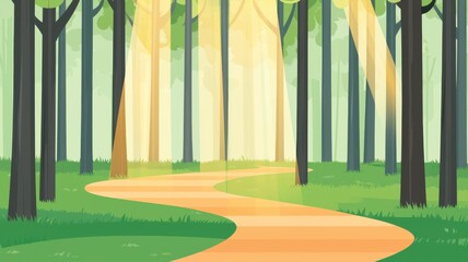 Forest path with dappled sunlight, flat design illustration