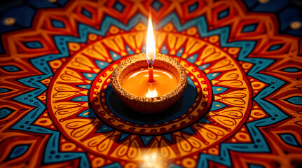 Colorful Mandala Pattern with Lit Diya Candle for Diwali Celebration