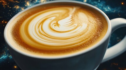 Poster - A close up of a cup with coffee and swirls on it, AI