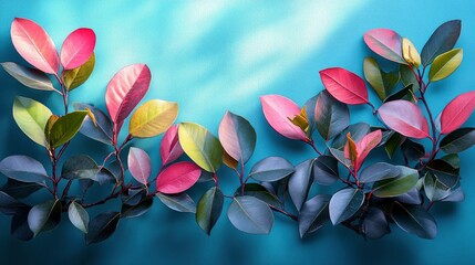 Poster - Colorful Leaves on a Blue Background