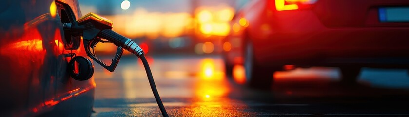 A vibrant sunset scene at a gas station, highlighting a fuel pump and a car, symbolizing travel and energy consumption.