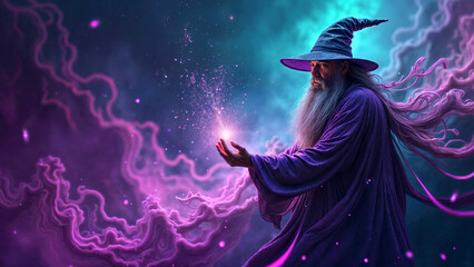 Mystical Wizard Casting Magical Spells in a Fantastical Realm with Glowing Aura