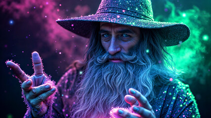 Mystical Bearded Wizard Casting Spells with Glowing Magic in Colorful Fantasy World