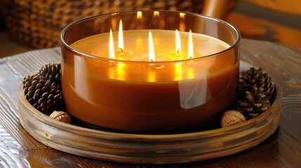 Wall Mural - A round wooden tray with an autumn-themed candle