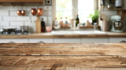 Poster - Brown wooden table with blurred kitchen background for product display