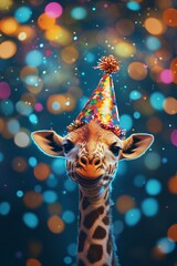 Giraffe wearing a party hat with a bokeh background