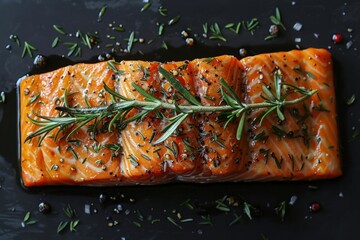 Wall Mural - Freshly prepared salmon fillets garnished with herbs on a dark serving platter surrounded by seasoning