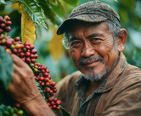 middle age indonesian man, harvesting coffee cherry fruit in coffee farm plantation environment