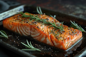 Wall Mural - Freshly grilled salmon fillet garnished with rosemary and spices on a dark plate, served in a cozy kitchen setting