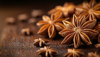 Poster - Wood plank with star anise decoration, rustic seasoning generated by AI