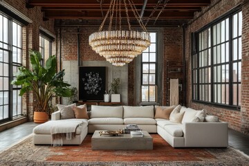 Wall Mural - Urban Chic Loft Living Room with Statement Chandelier and Modular Sofa