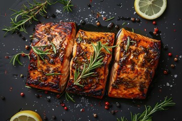 Wall Mural - Grilled salmon fillets seasoned with herbs and spices garnished with lemon slices on a dark slate background