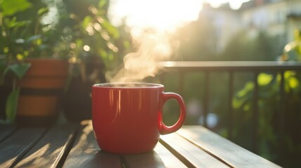 Wall Mural - A closeup of a steaming hot coffee in a red ceramic cup, placed on a sunny balcony table in the morning.