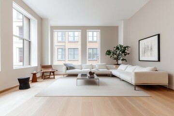 Wall Mural - Modern Minimalist Loft Living Room with Modular Sofa and Simple Metal Coffee Table