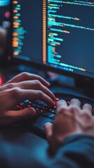 Fototapete - Close-up of hands typing code on a mechanical keyboard with colorful lines of code on a monitor, ideal for tech and programming content