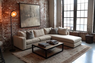 Wall Mural - Stylish Modern Loft Living Room with Exposed Brick Wall, Beige Sectional Sofa, Minimalist Coffee Table, and Industrial Floor Lamp