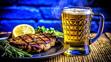 A juicy grilled steak and a glass of beer for a sophisticated meal.