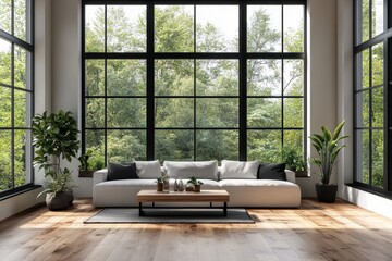 Wall Mural - Modern Minimalist Loft Living Room with White Sofa, Wood Coffee Table, and Large Windows