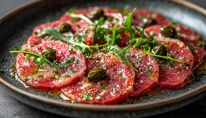 Canvas Print - Grilled steak with fresh salad on rustic plate generated by AI