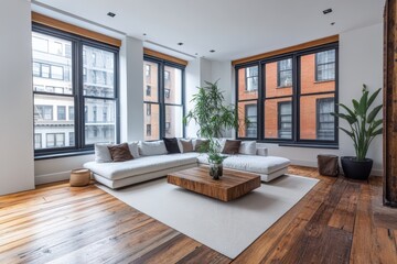 Wall Mural - Modern Minimalist Loft Living Room with White Sofa, Wood Coffee Table, and Plants by Large Windows