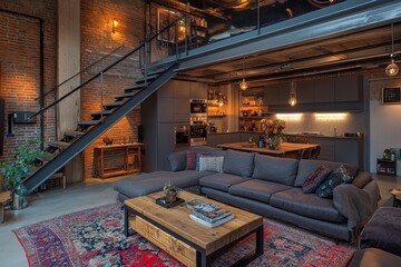 Wall Mural - Stylish Industrial Loft Living Room with Metal-framed Sofa, Reclaimed Wood Table, and Vintage Floor Lamp