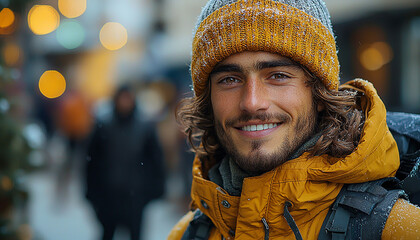 Canvas Print - Smiling men in winter snow, looking at camera generated by AI