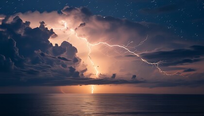 Wall Mural - Lightning on the sea at night cuts through the sky, and the distant outlines are vague and mysterious, creating a shocking and peaceful atmosphere.