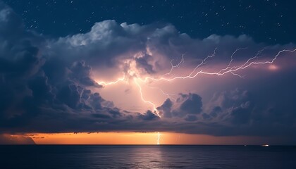 Wall Mural - Lightning on the sea at night cuts through the sky, and the distant outlines are vague and mysterious, creating a shocking and peaceful atmosphere.