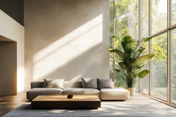 Wall Mural - Modern Minimalist Loft Living Room with Gray Sofa, Wood Coffee Table, and Indoor Plant in Natural Light