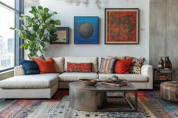 Wall Mural - Modern Loft Living Room with Neutral Palette, Contemporary Art Gallery Wall, and Stylish Furniture