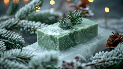 Wall Mural - Crafting seasonal handmade soap surrounded by winter greenery and festive decorations