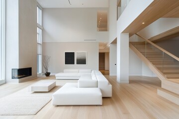 Wall Mural - Bright and Airy Modern Loft Living Room with White Sectional and Contemporary Art Pieces