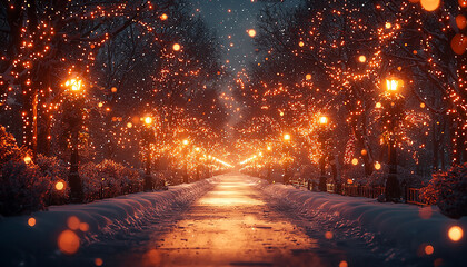 Poster - Snowy winter night, nature celebration illuminated in dark generated by AI